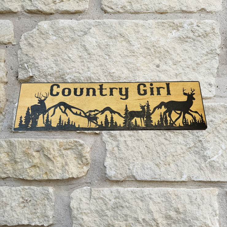 Country Girl Deer Mountain Scene - BLACK Sign 4x12