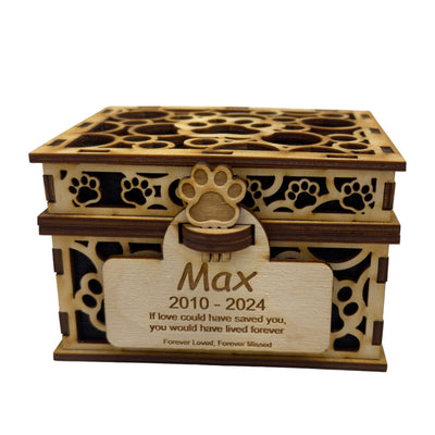 (B) Paw Print 8x7x5 Hinged Lid Pet Urn - PERSONALIZED - Wood (WHITESTONE ANIMAL HOSPITAL)