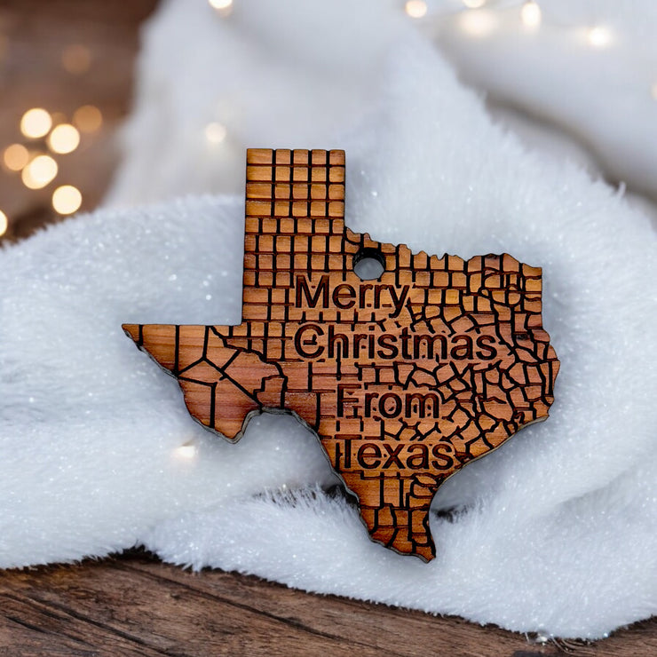 Merry Christmas From Texas - Cedar Ornament