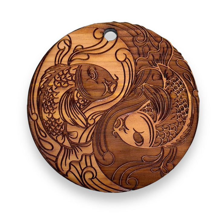 Yin Yang Koi Fish - Raw Cedar Ornament 3x3in