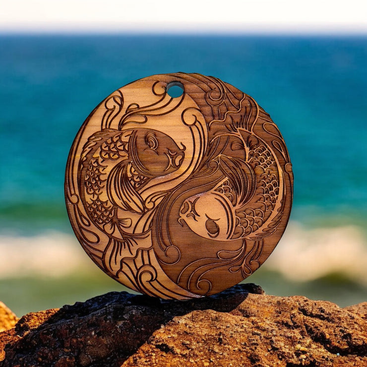 Yin Yang Koi Fish - Raw Cedar Ornament 3x3in