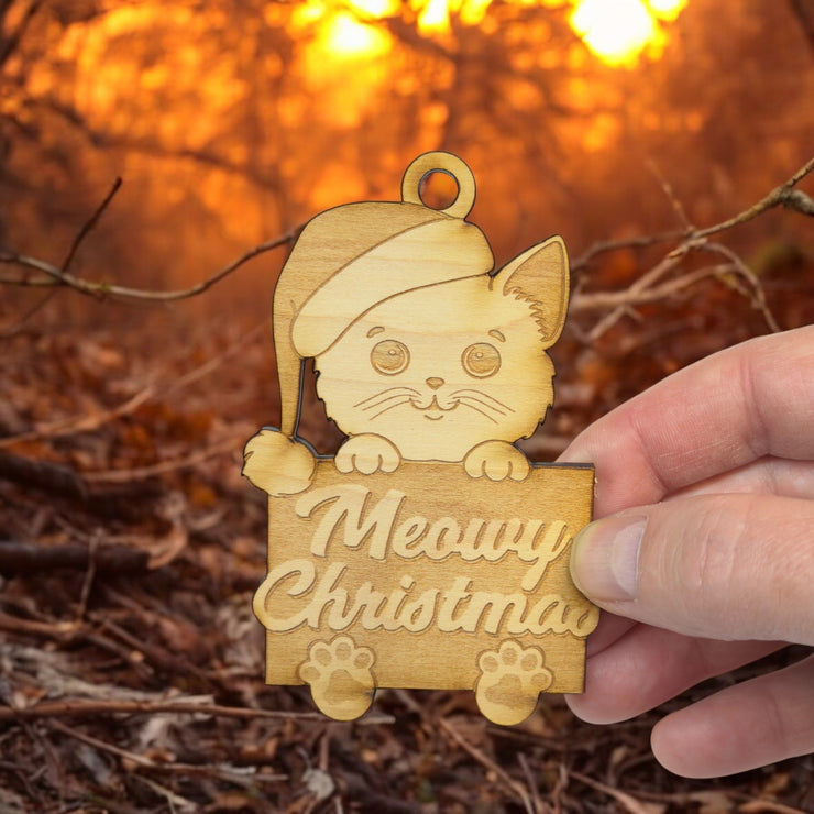 Ornament - Meowy Christmas - Raw Wood 3x4in