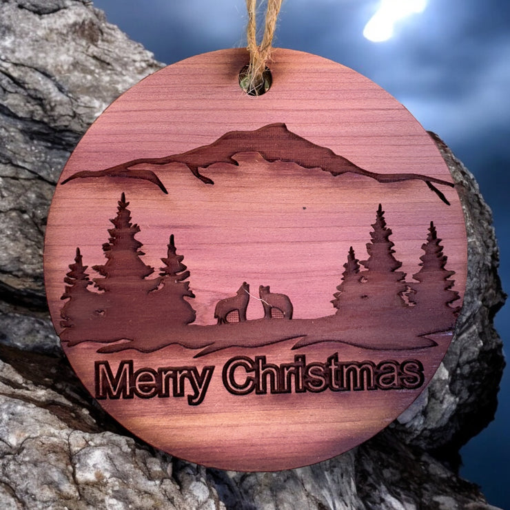 Merry Christmas Howling Wolves - Raw Cedar Ornament 3x3in