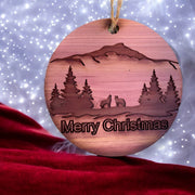 Merry Christmas Howling Wolves - Raw Cedar Ornament 3x3in