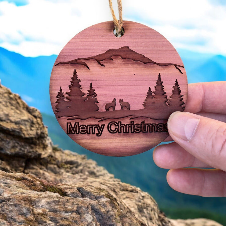 Merry Christmas Howling Wolves - Raw Cedar Ornament 3x3in