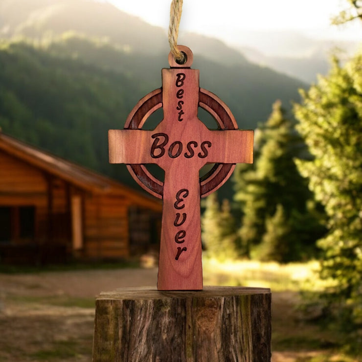 Best Boss Ever Celtic Cross - Cedar Ornament