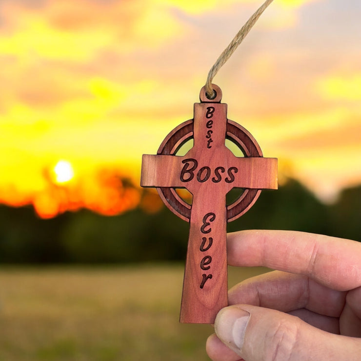 Best Boss Ever Celtic Cross - Cedar Ornament