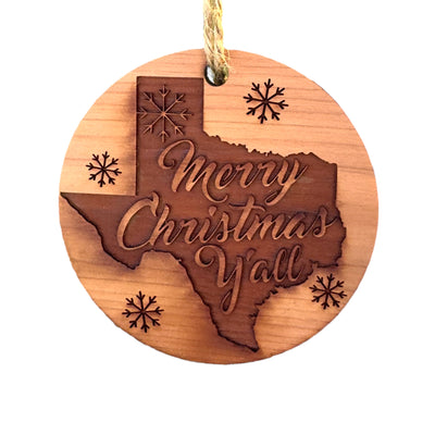 Texas Merry Christmas Y'all - Raw Cedar Ornament 3x3in