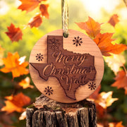 Texas Merry Christmas Y'all - Raw Cedar Ornament 3x3in