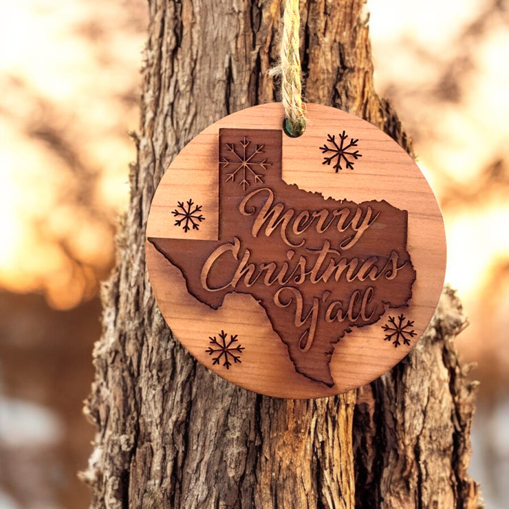 Texas Merry Christmas Y'all - Raw Cedar Ornament 3x3in