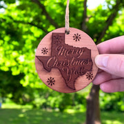 Texas Merry Christmas Y'all - Raw Cedar Ornament 3x3in