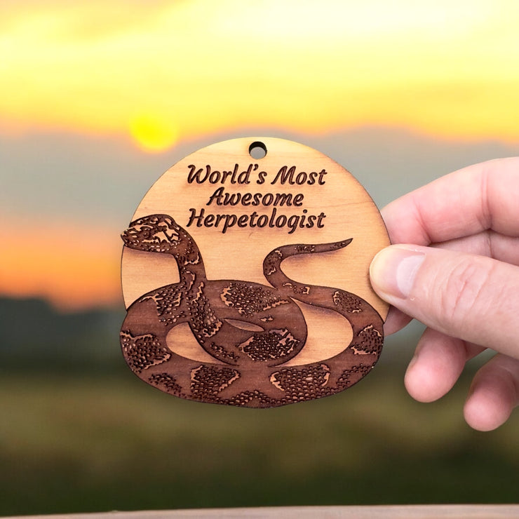 Worlds Most Awesome Herpetologist Snake - Cedar Ornament