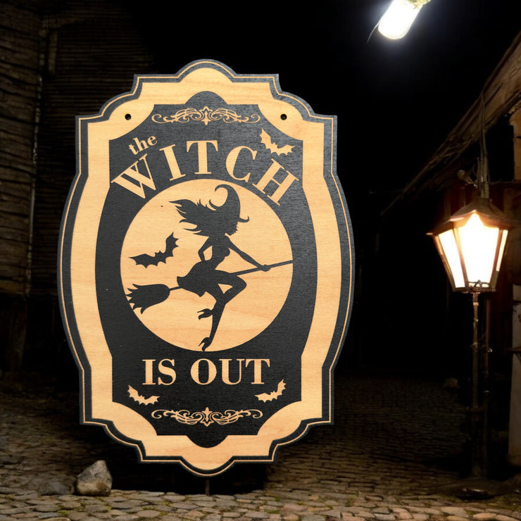 The Witch is Out - Black Halloween Door Sign 6x9