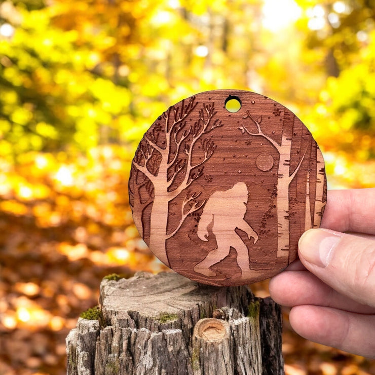 Winter Sasquatch Bigfoot - Raw Cedar Ornament 3x3in