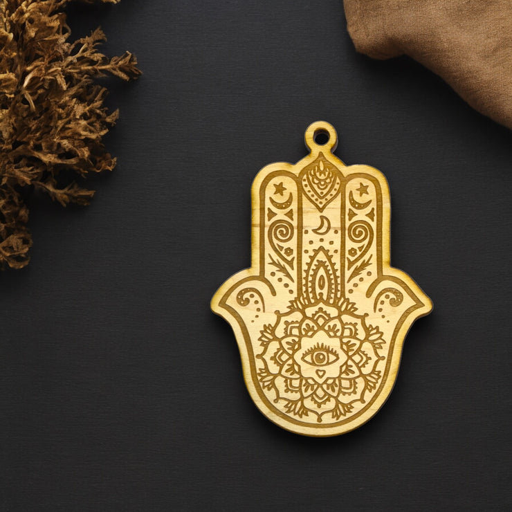 Ornament - Hamsa Hand - Raw Wood 4x3in