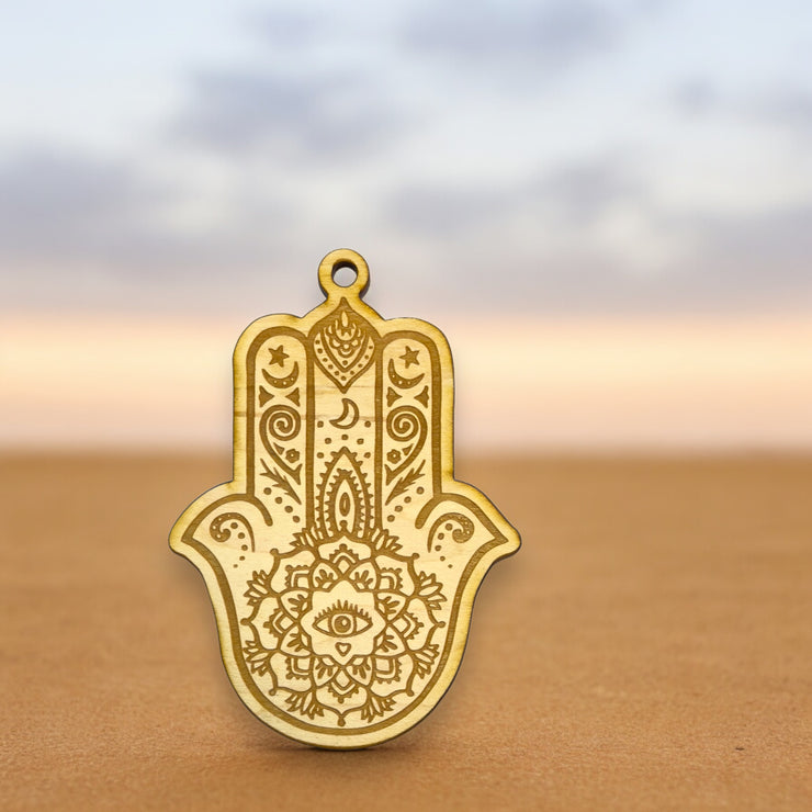 Ornament - Hamsa Hand - Raw Wood 4x3in