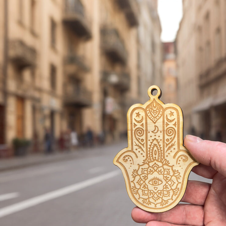 Ornament - Hamsa Hand - Raw Wood 4x3in