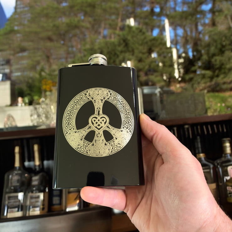 8oz BLACK Celtic Love and Peace Flask