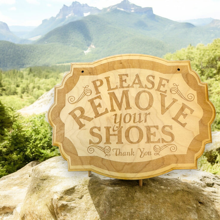 Please Remove Your Shoes - Raw Wood Door Sign 7x9.5in