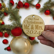 Ornament - 2024 Our First Christmas as Mr and Mrs - Raw Wood 3x3in