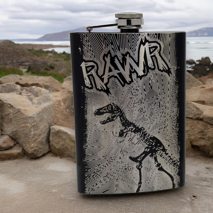 8oz BLACK RAWR Flask Dinosaur T-Rex