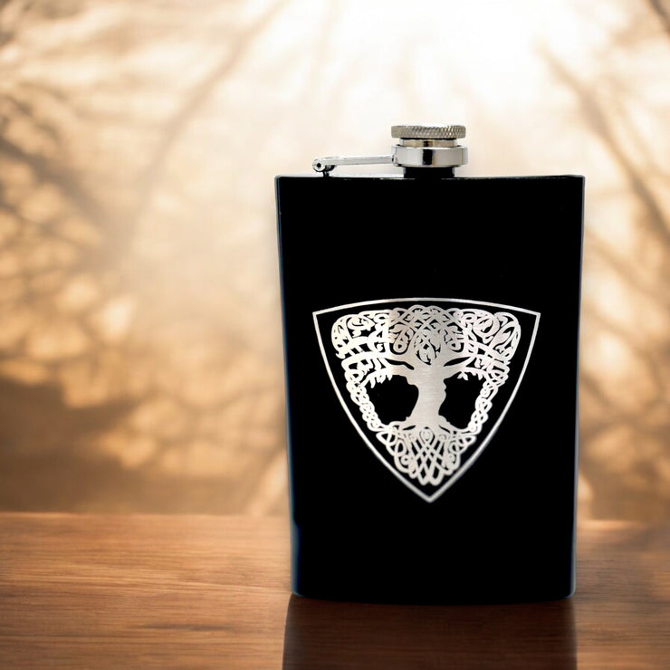 8oz BLACK Celtic Tree of Life Flask