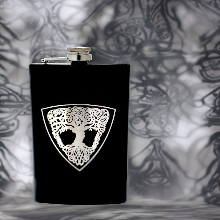 8oz BLACK Celtic Tree of Life Flask