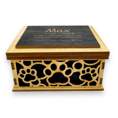 (A) Paw Print 8X6X4 Fitted Lid Pet Urn - PERSONALIZED - Wood (WHITESTONE ANIMAL HOSPITAL)