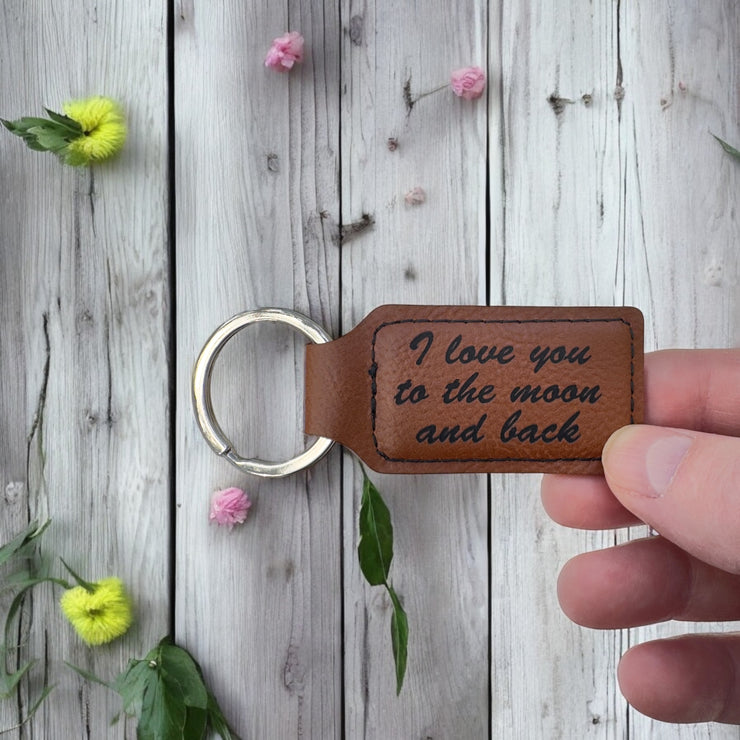 Keychain - Rectangle - I love you to the moon and back - Leather