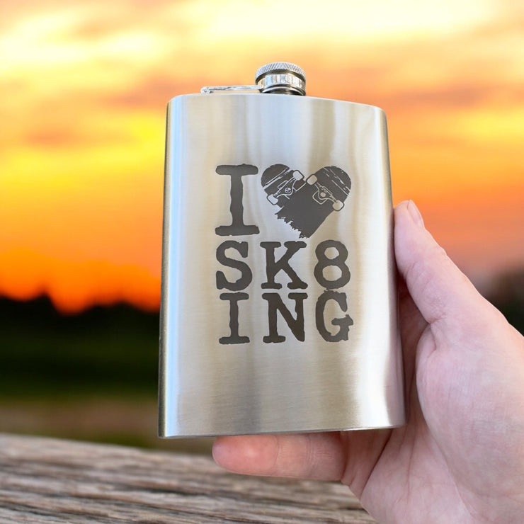 8oz I Love Skating Stainless Steel Flask