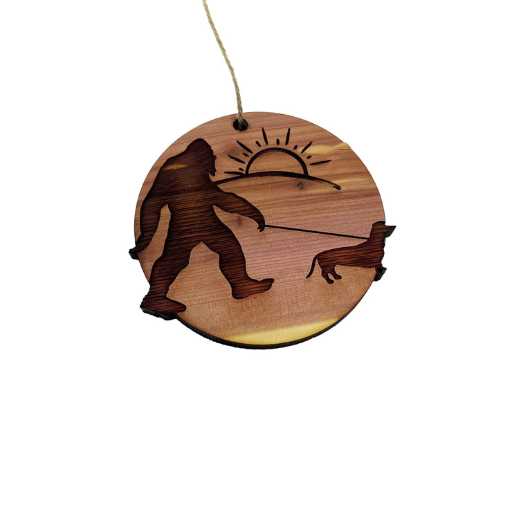 Sasquatch walking his dog - Cedar Ornament