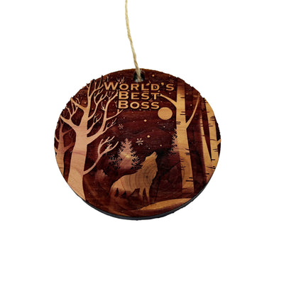 Winter Wolf Worlds Best Boss - cedar ornament