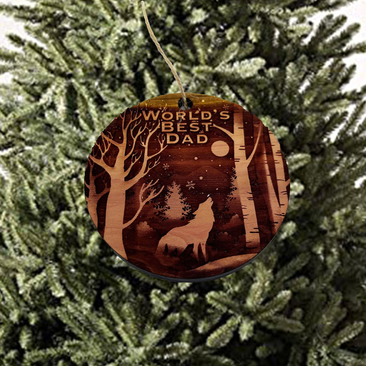 Winter Wolf Worlds Best Dad - cedar ornament