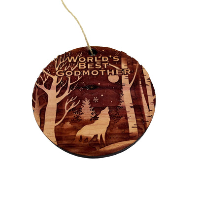 Winter Wolf Worlds Best Godmother - cedar ornament