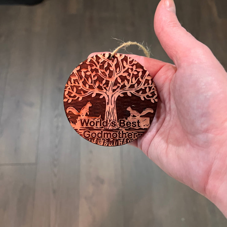 World's Best Godmother Two Squirrels and Tree of Life - Cedar Ornament