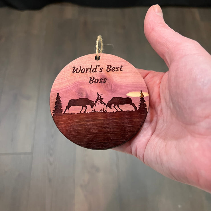 Worlds Best Boss Elk Battle - Cedar Ornament