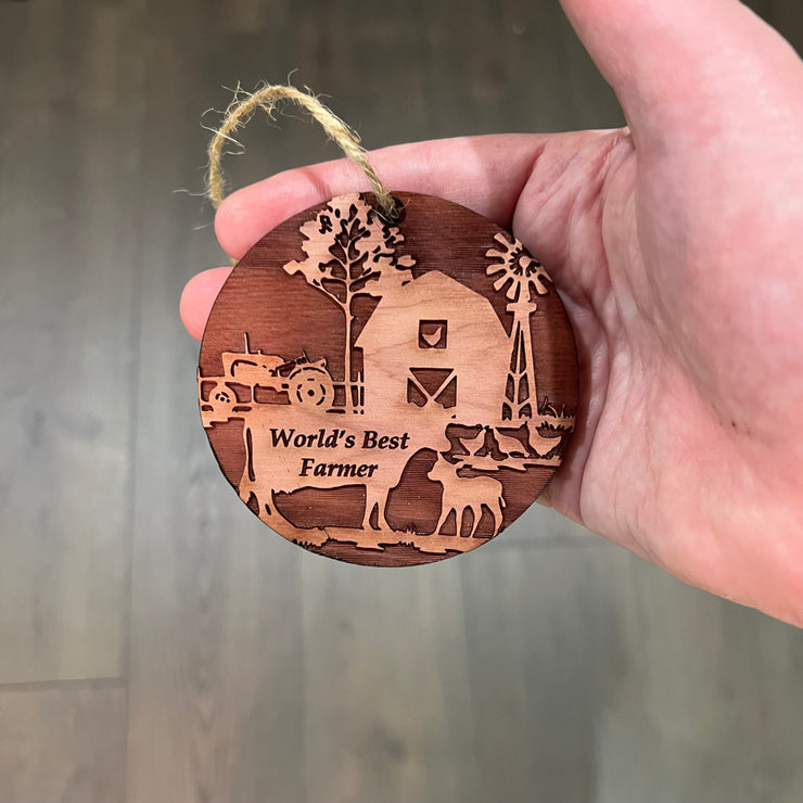 Worlds Best Farmer Farm Scene - Cedar Ornament