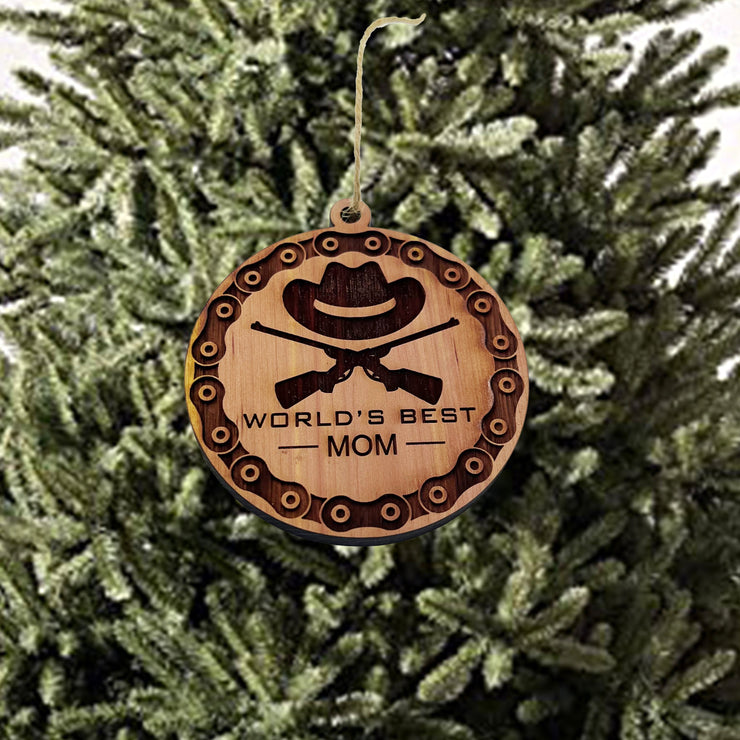 Worlds Best Mom Rifles and chains - Cedar Ornament