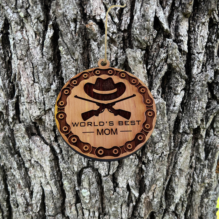 Worlds Best Mom Rifles and chains - Cedar Ornament