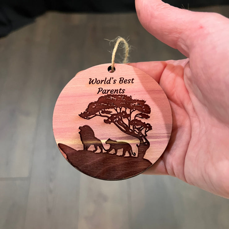 Worlds Best Parents Lion Couple - Cedar Ornament